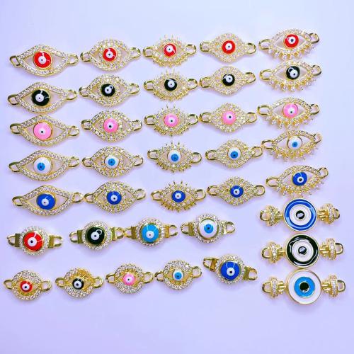 Evil Eye Connector Brass plated DIY & evil eye pattern & micro pave cubic zirconia & enamel & 1/1 loop nickel lead & cadmium free Sold By Bag