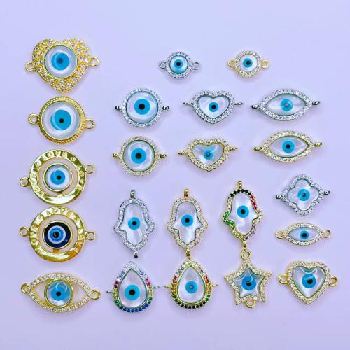 Evil Eye Connector Brass with Shell plated DIY & evil eye pattern & micro pave cubic zirconia & enamel & 1/1 loop nickel lead & cadmium free Sold By Bag