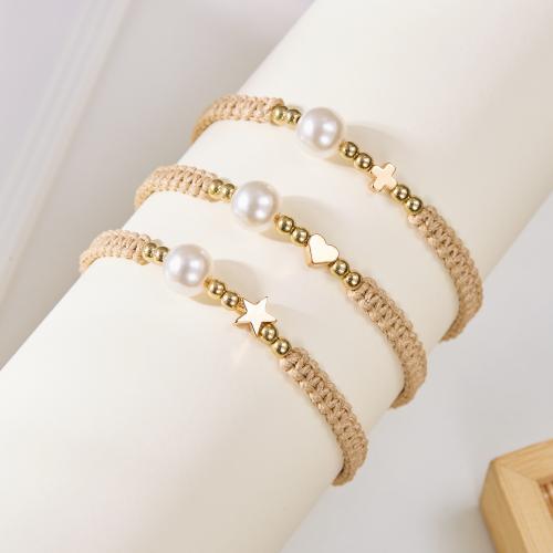 Zinc Alloy Bracelet with Wax Cord & Plastic Pearl gold color plated Adjustable & for woman nickel lead & cadmium free Sold By PC