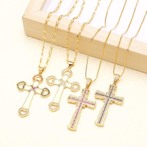 Cubic Zircon Micro Pave Brass Necklace Cross gold color plated fashion jewelry & micro pave cubic zirconia nickel lead & cadmium free Sold By PC