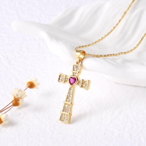 Cubic Zircon Micro Pave Brass Necklace with 5cm extender chain Cross gold color plated fashion jewelry & micro pave cubic zirconia nickel lead & cadmium free Length 43 cm Sold By PC