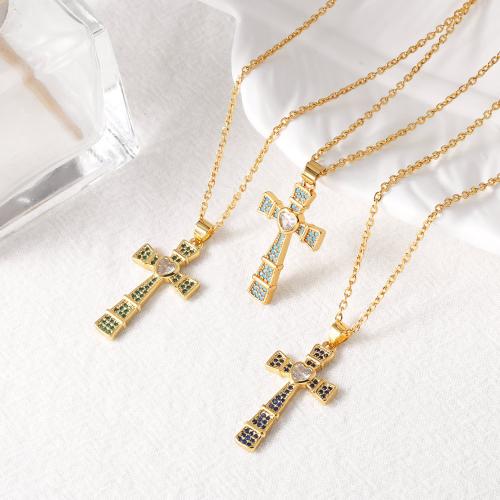 Cubic Zircon Micro Pave Brass Necklace with 5cm extender chain Cross gold color plated fashion jewelry & micro pave cubic zirconia nickel lead & cadmium free Length 45 cm Sold By PC