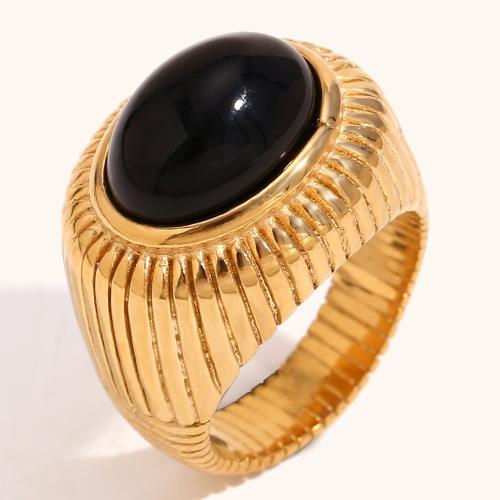 Stainless Steel Finger Ring 304 Stainless Steel with Black Agate 18K gold plated fashion jewelry & for woman Sold By PC