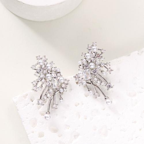 Zinc Alloy Stud Earring with Plastic Pearl plated & for woman & with rhinestone Sold By Pair