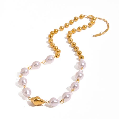 Stainless Steel Jewelry Necklace 304 Stainless Steel with Glass Pearl with 1.96 Inch extender chain plated fashion jewelry & for woman golden Length 17.32 Inch Sold By PC