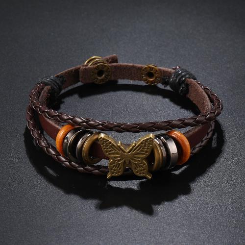 PU Leather Cord Bracelets Zinc Alloy with PU Leather & Wax Cord & Wood & Copper Coated Plastic handmade three layers & fashion jewelry & for man Sold By PC