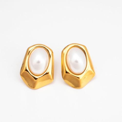 Stainless Steel Stud Earrings 304 Stainless Steel with Plastic Pearl Vacuum Ion Plating fashion jewelry & for woman golden Sold By Pair