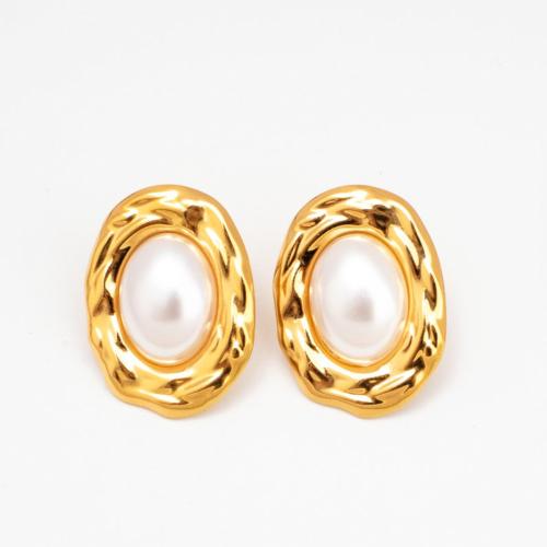 Stainless Steel Stud Earrings 304 Stainless Steel with Plastic Pearl Vacuum Ion Plating fashion jewelry & for woman gold Sold By Pair