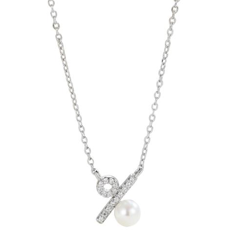 Cubic Zircon Micro Pave 925 Sterling Silver Necklace with Plastic Pearl with 5CM extender chain micro pave cubic zirconia & for woman silver color Length Approx 40 cm Sold By PC