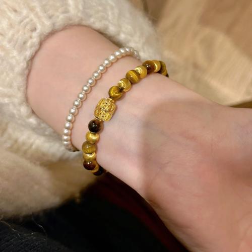 Terningformet Zirkon Micro Pave Messing armbånd, med Tiger Eye, med 3CM extender kæde, forgyldt, Micro Pave cubic zirconia & for kvinde, guld, Længde Ca. 16 cm, Solgt af PC