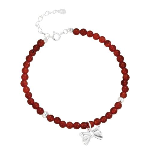 925 Sterling Silver Bangle Bracelet with Red Agate with 3CM extender chain Bowknot for woman red Length Approx 16 cm Sold By PC