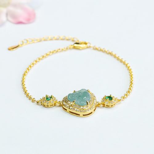 Jadeite Bracelet with Zinc Alloy Buddha gold color plated folk style & for woman & with rhinestone Length Approx 6-8 Inch Sold By PC