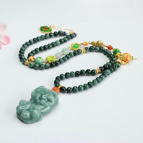 Jadeite Necklace with Brass Mythical Wild Animal folk style & Unisex Length Approx 20 Inch Sold By PC