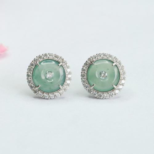 Jadeite Stud Earring with 925 Sterling Silver Round folk style & for woman & with rhinestone 10mm Sold By Pair