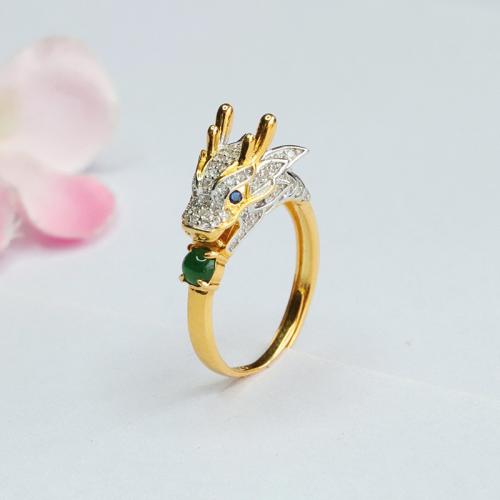 Jadite Cuff Ring Finger, with 925 de prata esterlina, Dragão, cromado de cor dourada, estilo folk & para mulher & com strass, tamanho:6-8, vendido por PC