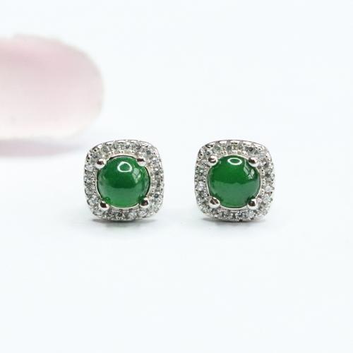 Jadite Stud Earring, med 925 Sterling Silver, folkliga stil & för kvinna & med strass, 7.50x7.50mm, Säljs av Par