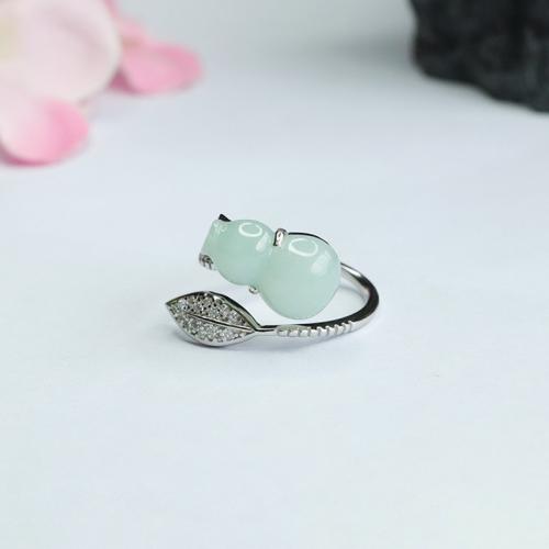 Jadeite Cuff Finger Ring with 925 Sterling Silver Calabash folk style & for woman & with rhinestone US Ring Sold By PC