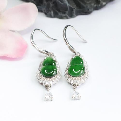 Jadeite Drop Earring with 925 Sterling Silver Calabash folk style & for woman & with rhinestone jadeite size Sold By Pair