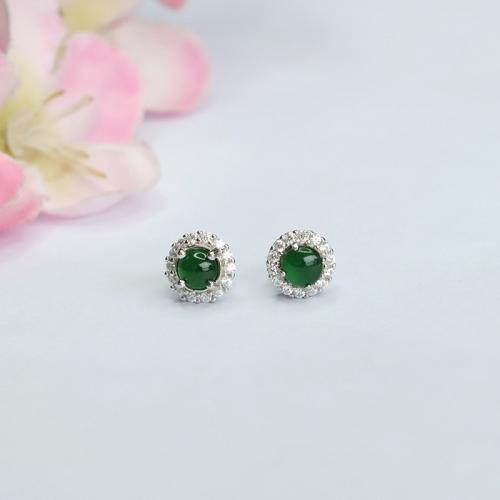 Jadeite Stud Earring with 925 Sterling Silver folk style & for woman & with rhinestone 4mm Sold By Pair