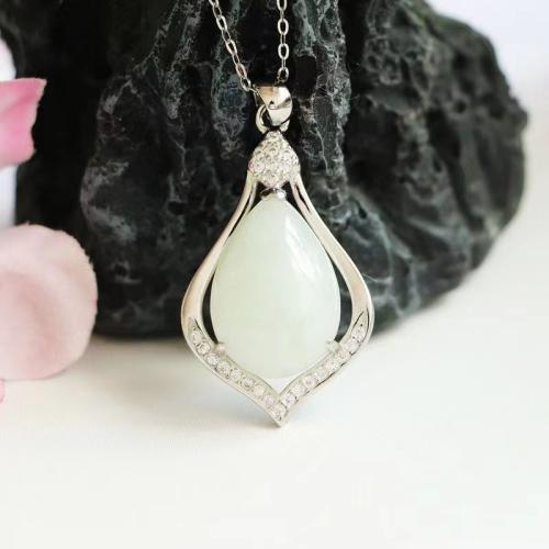 Gemstone Pendants Jewelry Jadeite with 925 Sterling Silver Teardrop folk style & with rhinestone Sold By PC