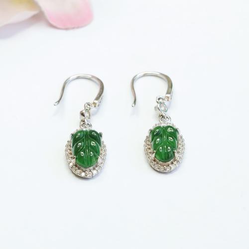 Jadite brincos tipo gota, with 925 de prata esterlina, Folha, estilo folk & para mulher & com strass, jadeite length 6-11mm, earring length 15-25mm, vendido por par