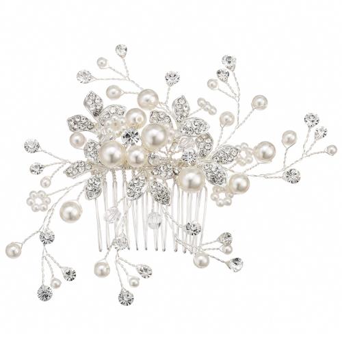 Decoratieve Kammen, Zinc Alloy, met koperdraad & Plastic Pearl, voor bruids & met strass, zilver, 70x120mm, Verkocht door PC