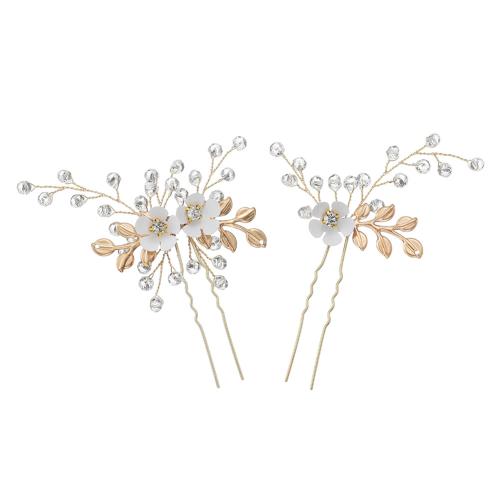 Hair Stick Zinc Alloy with brass wire & Crystal 2 pieces & for bridal & with rhinestone golden Sold By Set