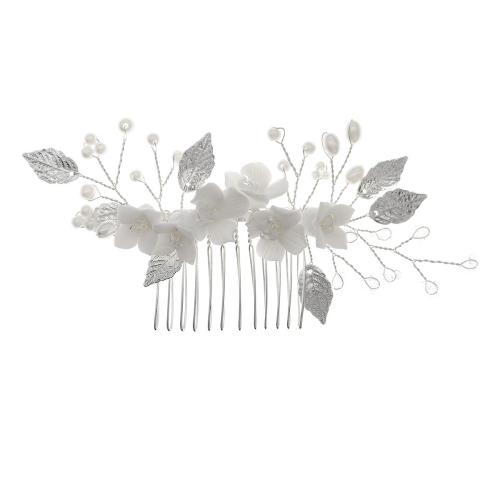 Decorative Hair Combs Zinc Alloy with brass wire & Polymer Clay & Plastic Pearl for bridal & with rhinestone silver color Sold By PC