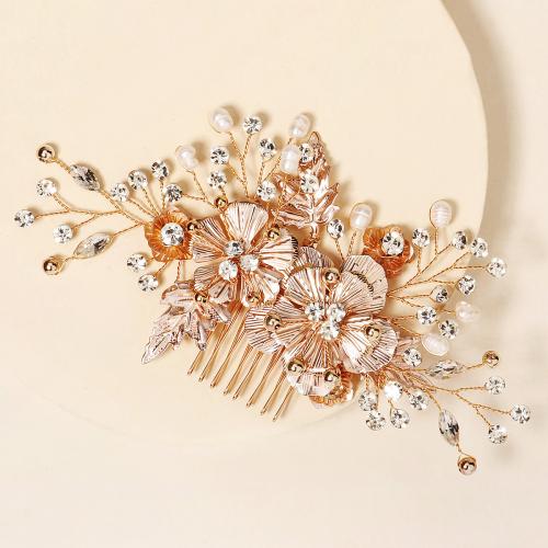 Decorative Hair Combs Zinc Alloy with brass wire & Plastic Pearl for bridal & with rhinestone golden Sold By PC