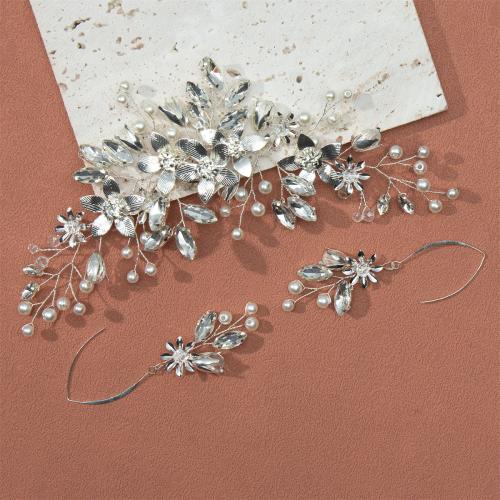 Measctha Hair Accessories, cíor gruaige & earring, Pearl Plaisteacha, le sreang práis & Sinc Alloy, 2 phíosa & do bridal & le rhinestone, airgid, Díolta De réir Socraigh