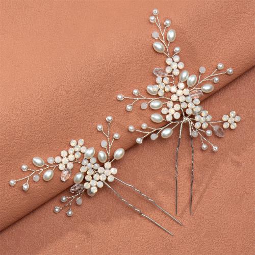 Hair Stick Zinc Alloy with brass wire & Plastic Pearl 2 pieces & for bridal & with rhinestone silver color Sold By Set