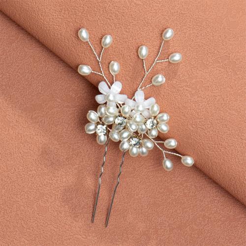 Hair Stick Iron with brass wire & Plastic Pearl for bridal & with rhinestone silver color Sold By PC