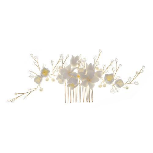 Decorative Hair Combs Iron with brass wire & Polymer Clay & Crystal & Plastic Pearl for bridal golden Sold By PC