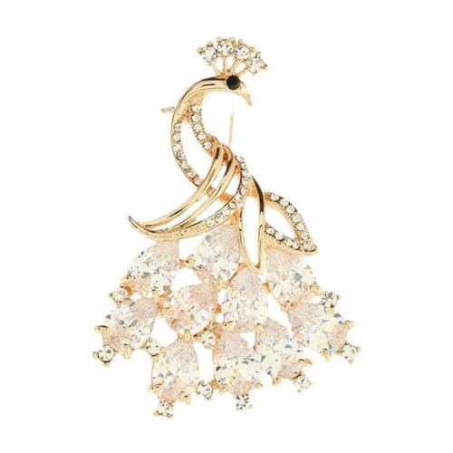 Zinklegering broches, Zinc Alloy, met Cubic Zirconia, Pauw, voor vrouw & met strass, gouden, 57x40mm, Verkocht door PC