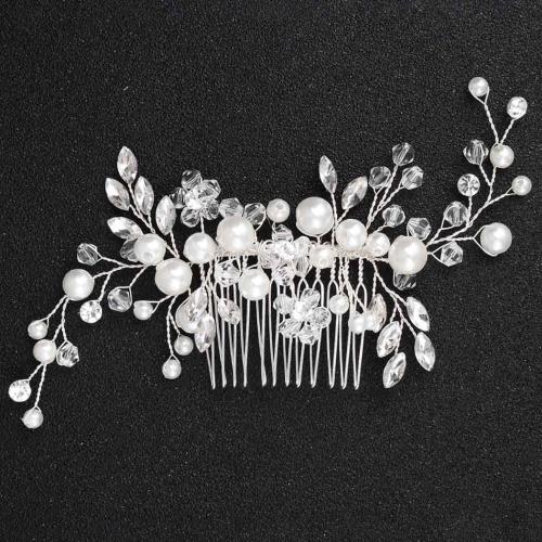 Decorative Hair Combs Plastic Pearl with brass wire & Crystal & Rhinestone fashion jewelry & for woman Sold By PC