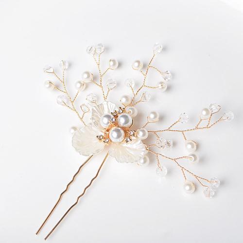 Hair Stick ABS Plastic Pearl with brass wire & Rhinestone fashion jewelry & for woman golden Sold By PC