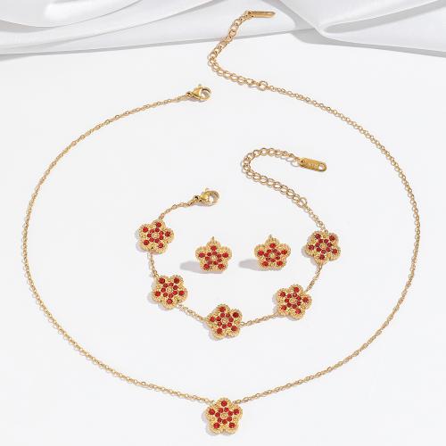 Rhinestone Stainless Steel Jewelry Set 304 Stainless Steel Flower & for woman & with rhinestone golden Sold By PC