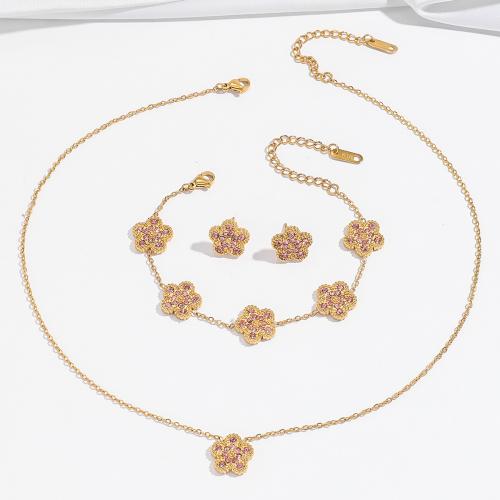 Rhinestone Stainless Steel Jewelry Set 304 Stainless Steel Flower & for woman & with rhinestone golden Sold By PC