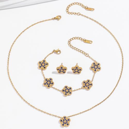 Rhinestone Edelstahl Schmuck Set, 304 Edelstahl, Blume, verschiedene Stile für Wahl & für Frau & mit Strass, goldfarben, verkauft von PC