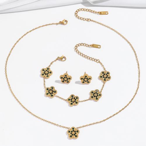 Rhinestone Stainless Steel Jewelry Set 304 Stainless Steel Flower & for woman & with rhinestone golden Sold By PC