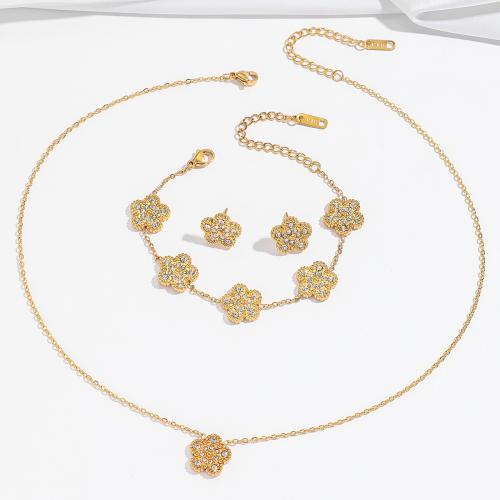 Rhinestone Stainless Steel Jewelry Set 304 Stainless Steel Flower & for woman & with rhinestone golden Sold By PC