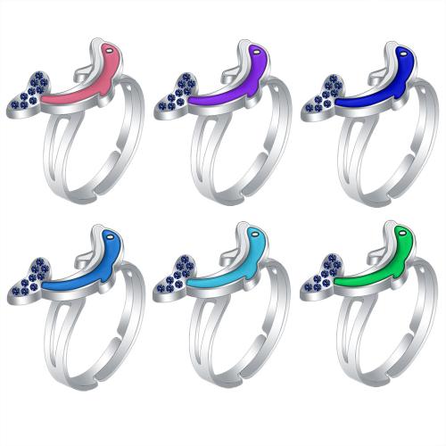 Enamel Mood Finger Ring, liga de zinco, Golfinho, cromado de cor prateada, Ajustável & para mulher & esmalte sensor & esmalte & com strass, níquel, chumbo e cádmio livre, inner diameter:17~20mm, vendido por PC