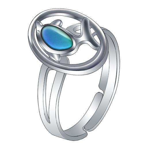 Enamel Mood Finger Ring, liga de zinco, Golfinho, cromado de cor prateada, Ajustável & para mulher & esmalte sensor & esmalte, níquel, chumbo e cádmio livre, inner diameter:17~20mm, vendido por PC