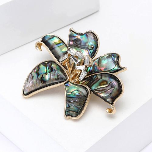 Zinc Alloy Brooches with Abalone Shell Lily gold color plated for woman & with rhinestone mixed colors nickel lead & cadmium free Sold By PC