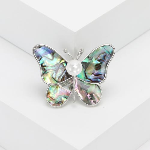 Zinc Alloy Brocher, med Abalone Shell & Plastic Pearl, Butterfly, guldfarve belagt, for kvinde, nikkel, bly & cadmium fri, Solgt af PC