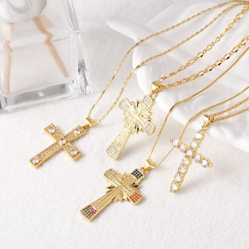 Cubic Zircon Micro Pave Brass Necklace Cross gold color plated fashion jewelry & micro pave cubic zirconia golden nickel lead & cadmium free Sold By PC