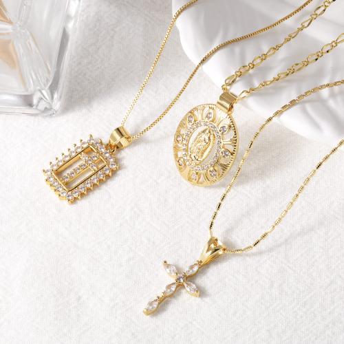 Cubic Zircon Micro Pave Brass Necklace Cross gold color plated fashion jewelry & micro pave cubic zirconia golden nickel lead & cadmium free Sold By PC