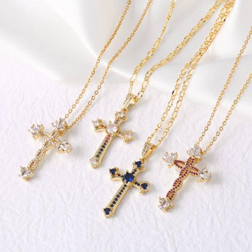 Cubic Zircon Micro Pave Brass Necklace Cross gold color plated fashion jewelry & micro pave cubic zirconia nickel lead & cadmium free Sold By PC