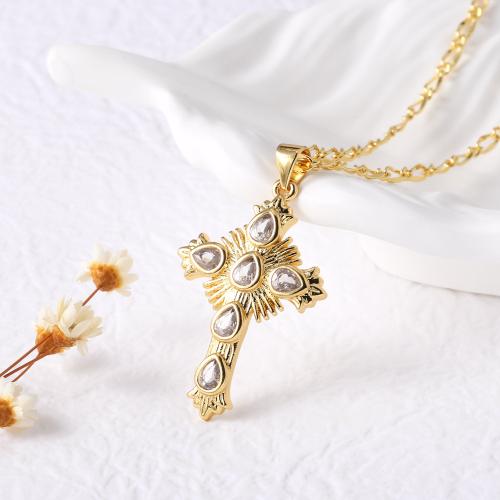 Cubic Zircon Micro Pave Brass Necklace with 5cm extender chain Cross gold color plated fashion jewelry & micro pave cubic zirconia nickel lead & cadmium free Length 44 cm Sold By PC