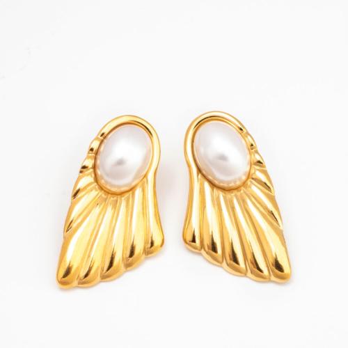 Roestvrij staal Stud Earrings, 304 roestvrij staal, met Plastic Pearl, mode sieraden & voor vrouw, gouden, 34x21mm, Verkocht door pair